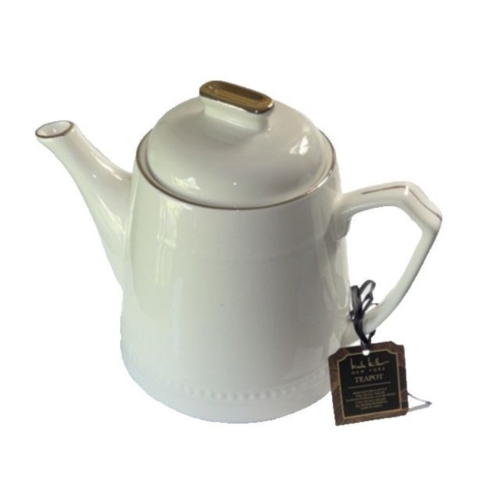 Nicole Miller New York Off White/Cream Ceramic Teapot with Gold Trim New